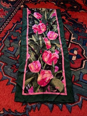 Floral Tulip Print Long Scarf in Pink and Green 100% Silk